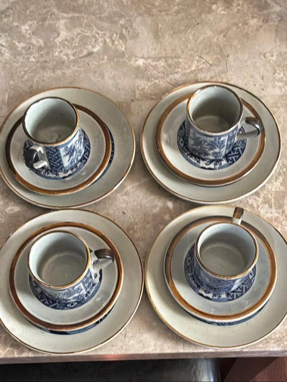 Blue and White Porcelain  Cup, Saucer Plate Set with Gold Trim - Set of 4